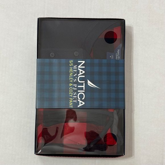 Nautica Sz M Men's PJ Set Navy/Red Multi Henley Cozy Pants - Picture 10 of 14